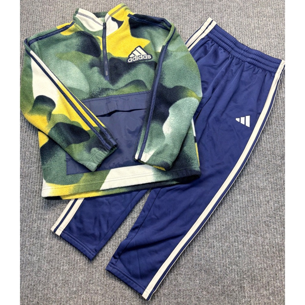 Adidas Kids Camo Fleece Quarter Zip Pullover and Navy Track Pants Set Size 8
